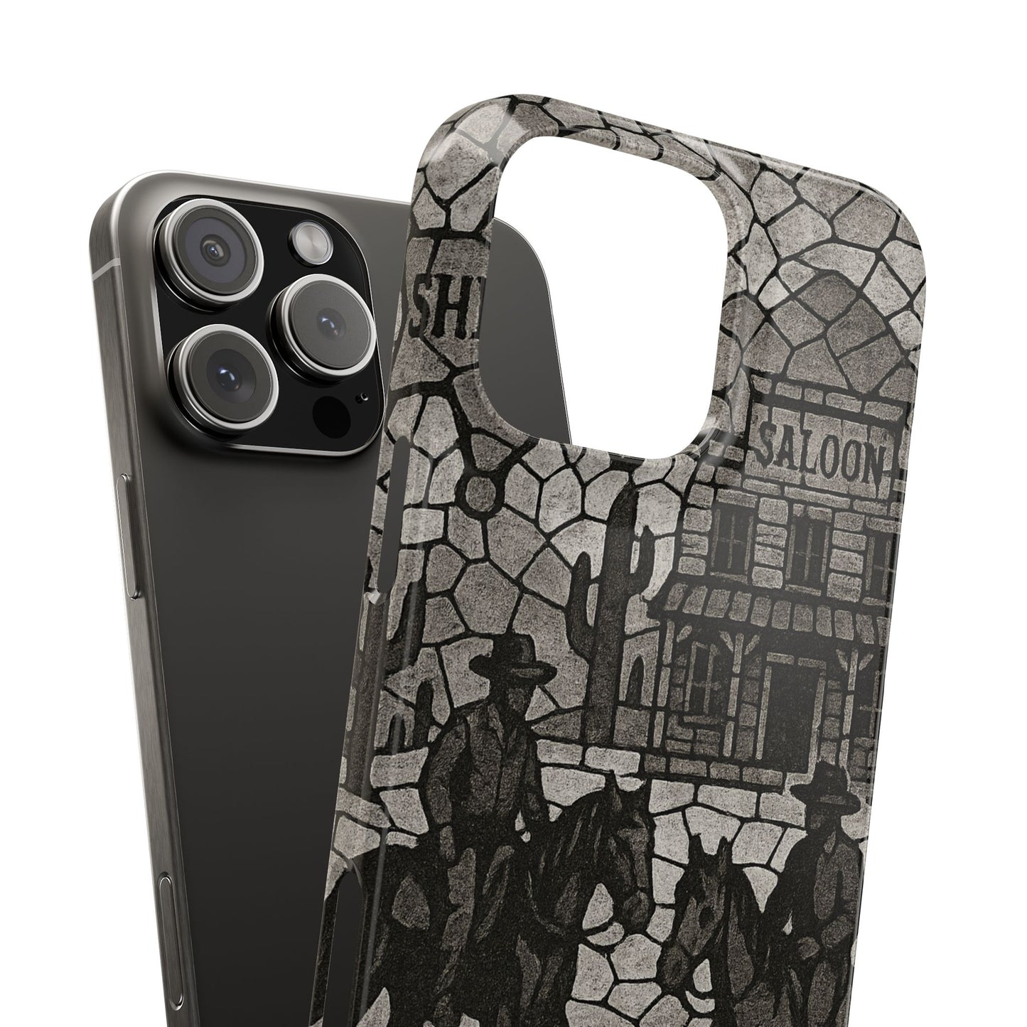 Slim Phone Cases Vintage Wild West Mosaic Art | Black & White Cowboy Scene | Sheriff, Horses & Saloon