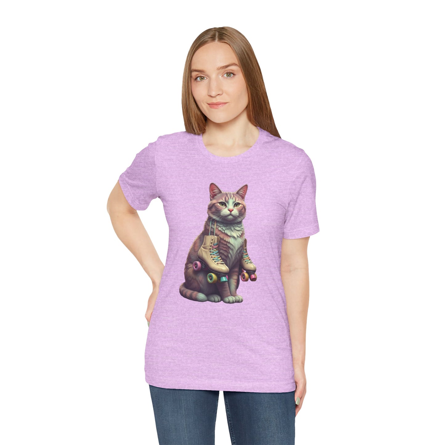Cat with Roller Unisex Tee, Short Sleeve Shirt, Roller Coaster Cat Graphic Top, Cute Animal T-Shirt, Funny 80s Theme Shirt