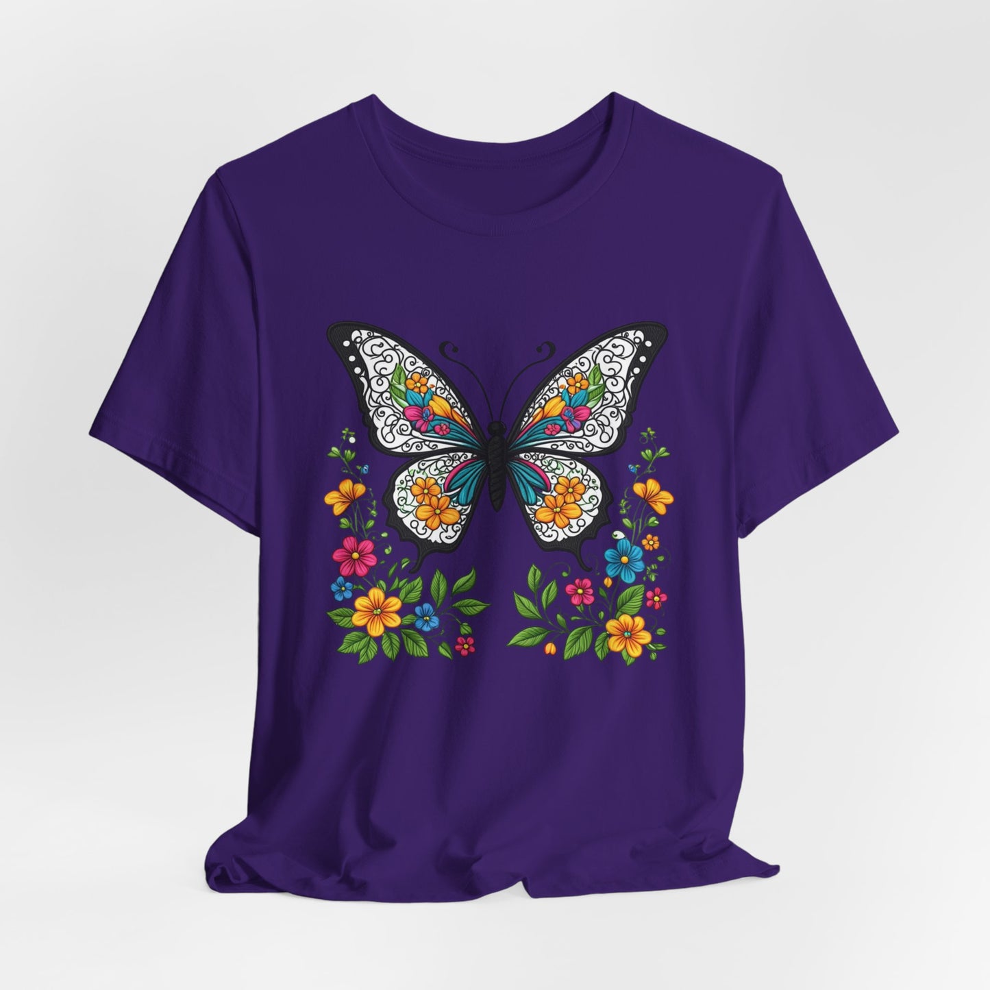 T-Shirt Butterfly and Flowers, Botanical Floral Tee, Nature Lover Shirt, Cute Spring Top, Unisex Graphic Tee