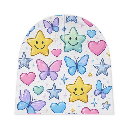 Baby Beanie with Happy Star Face, Heart & Butterfly | Cute Infant Hat | Newborn Hospital Hat | Soft Baby Cap | Baby Shower Gift