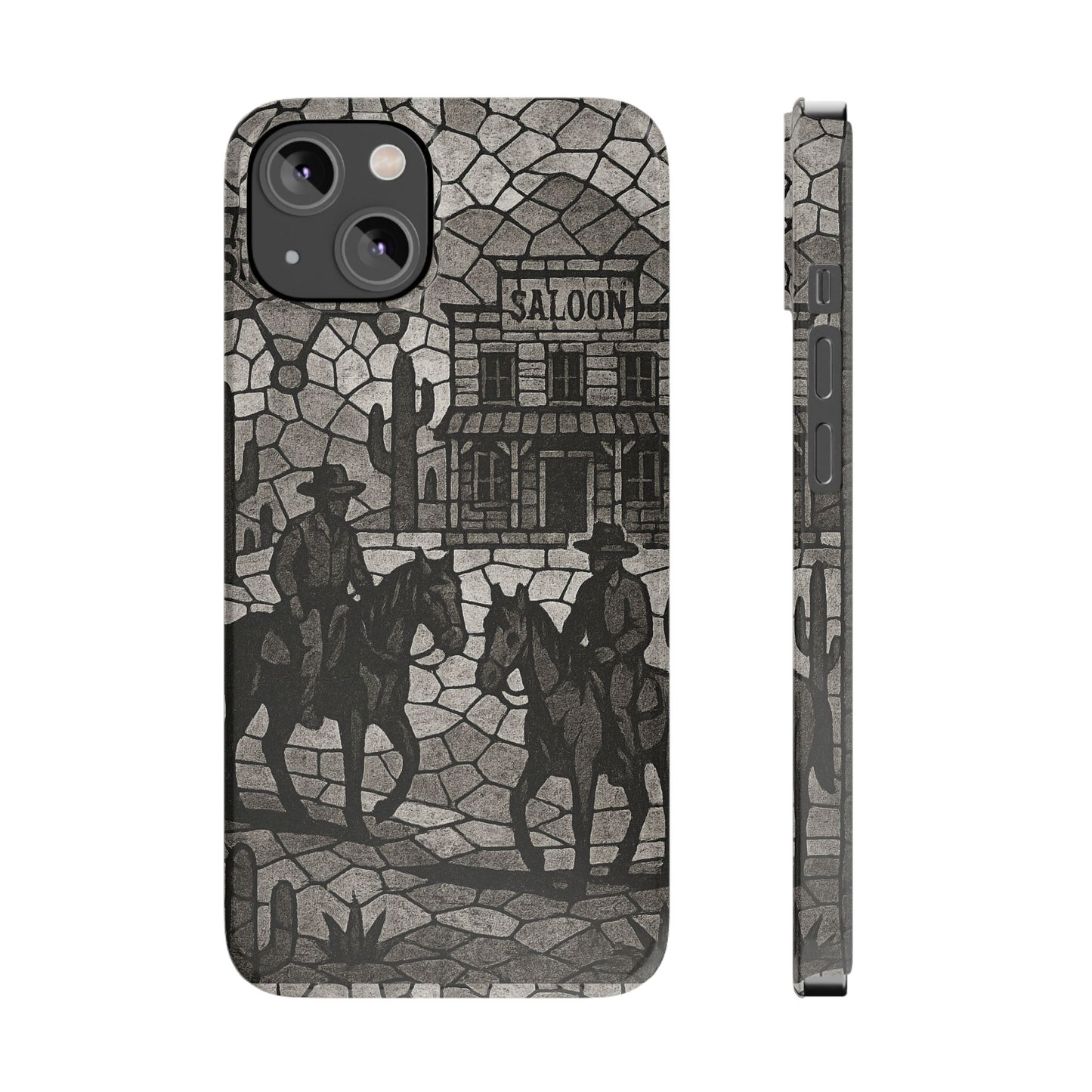 Slim Phone Cases Vintage Wild West Mosaic Art | Black & White Cowboy Scene | Sheriff, Horses & Saloon