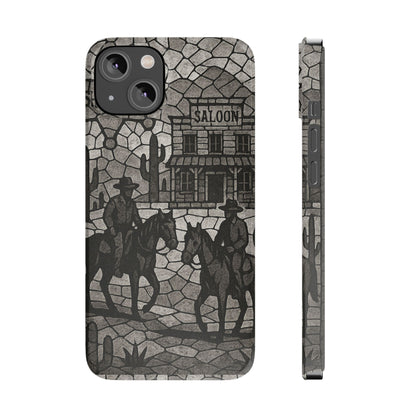 Slim Phone Cases Vintage Wild West Mosaic Art | Black & White Cowboy Scene | Sheriff, Horses & Saloon