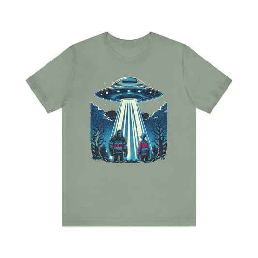 Alien Spaceship and Bigfoot Ugly Christmas Sweater Tee