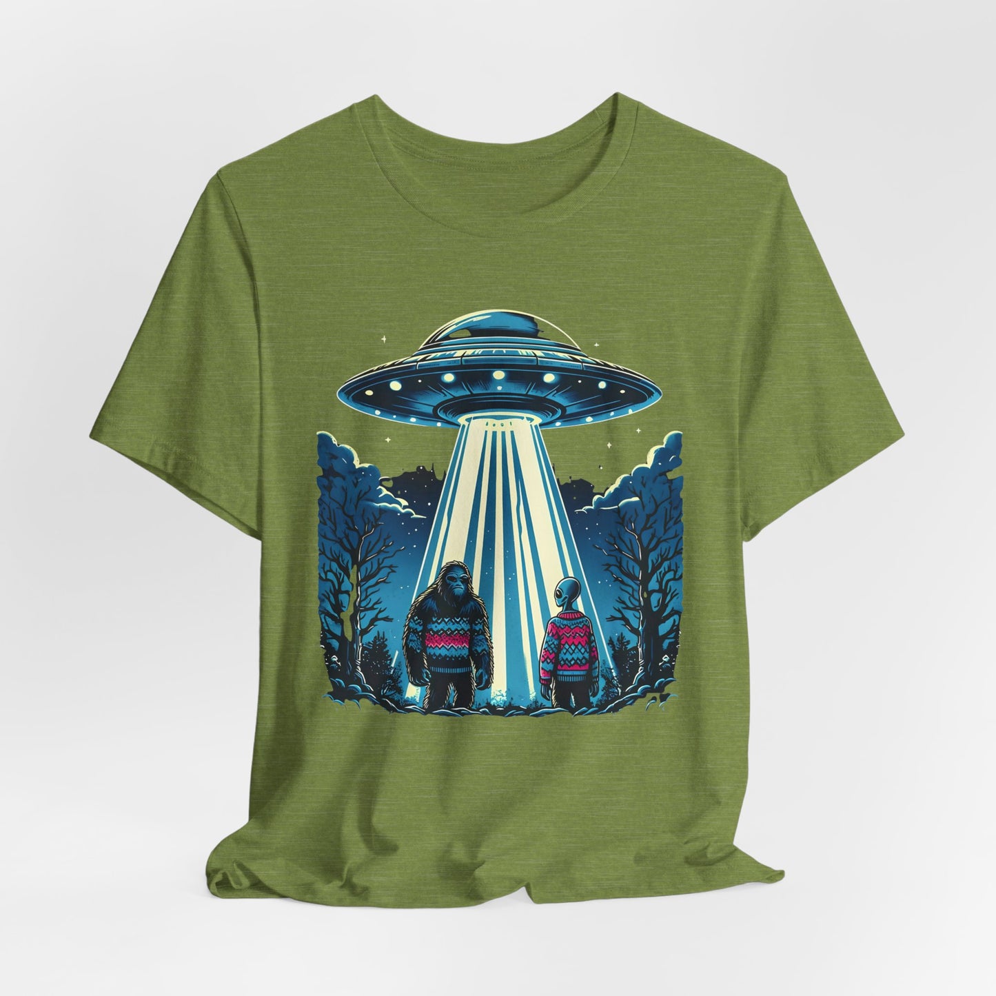 T-Shirt Alien and Bigfoot,  Ugly Christmas Sweater Tee, Funny UFO Holiday Shirt