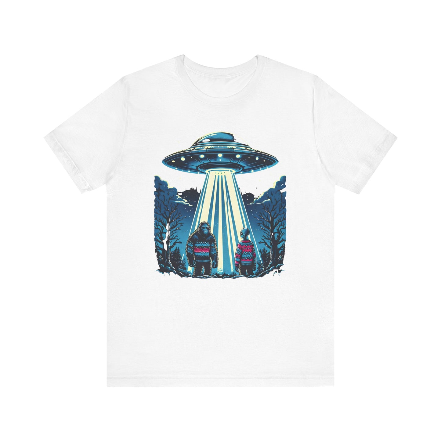 Alien Spaceship and Bigfoot Ugly Christmas Sweater Tee