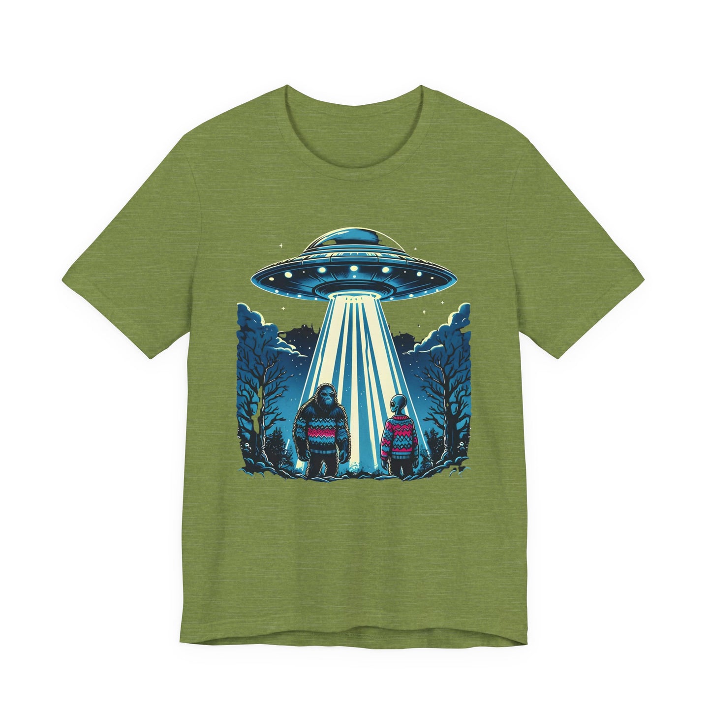T-Shirt Alien and Bigfoot,  Ugly Christmas Sweater Tee, Funny UFO Holiday Shirt