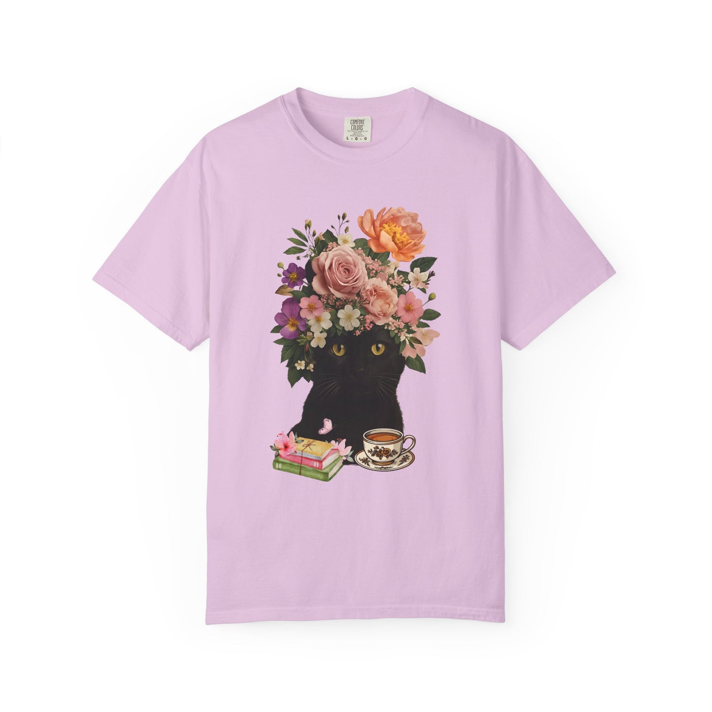 Black Cat Flowers Coffee Books Unisex T-shirt, Graphic Tee, Cat Lover Gift, Bookworm Shirt, Coffee Lovers Top