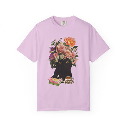 Black Cat Flowers Coffee Books Unisex T-shirt, Graphic Tee, Cat Lover Gift, Bookworm Shirt, Coffee Lovers Top