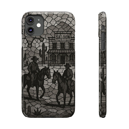 Slim Phone Cases Vintage Wild West Mosaic Art | Black & White Cowboy Scene | Sheriff, Horses & Saloon