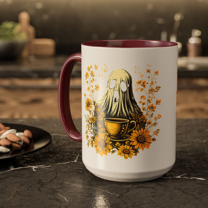 Colorful mug  with Ghost and Sunflowers Design - 11oz and 15oz