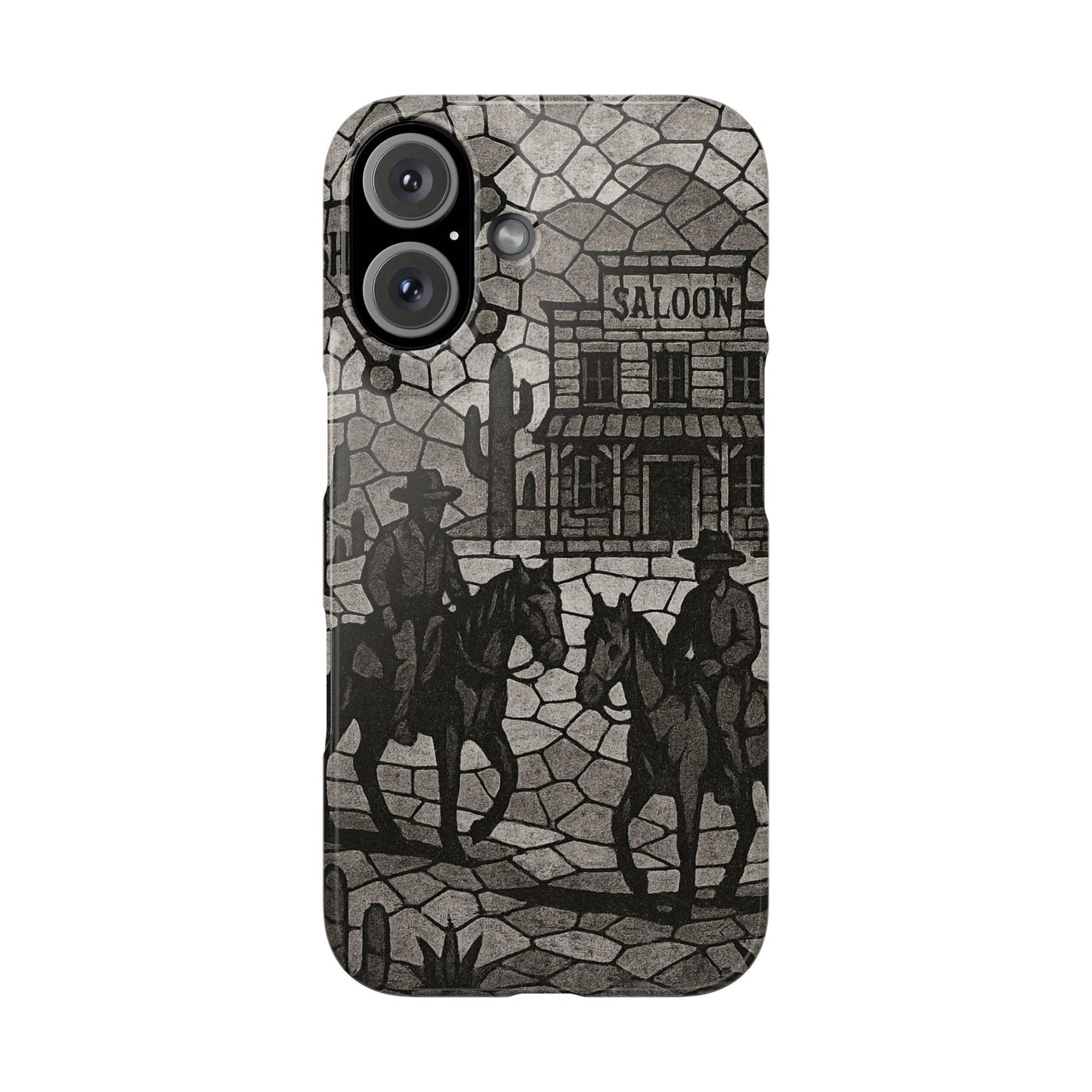Slim Phone Cases Vintage Wild West Mosaic Art | Black & White Cowboy Scene | Sheriff, Horses & Saloon