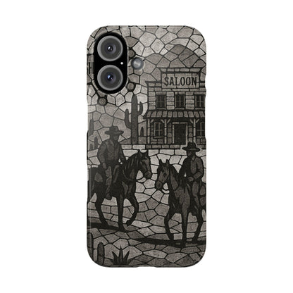 Slim Phone Cases Vintage Wild West Mosaic Art | Black & White Cowboy Scene | Sheriff, Horses & Saloon