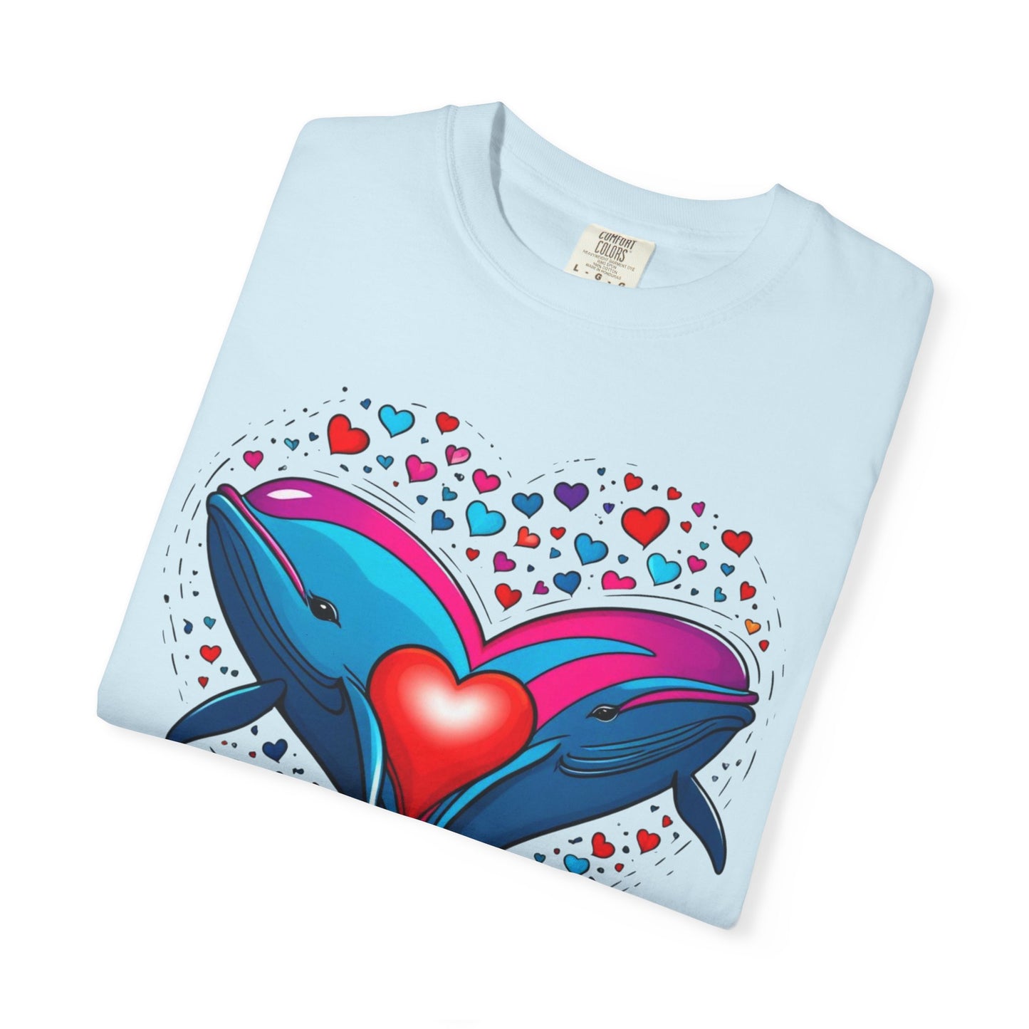 Whale and Heart Unisex Garment-Dyed T-shirt, Ocean Vibes Tee, Sea Lover Shirt, Nautical Graphic Top, Beachwear Apparel, Summer Fashion