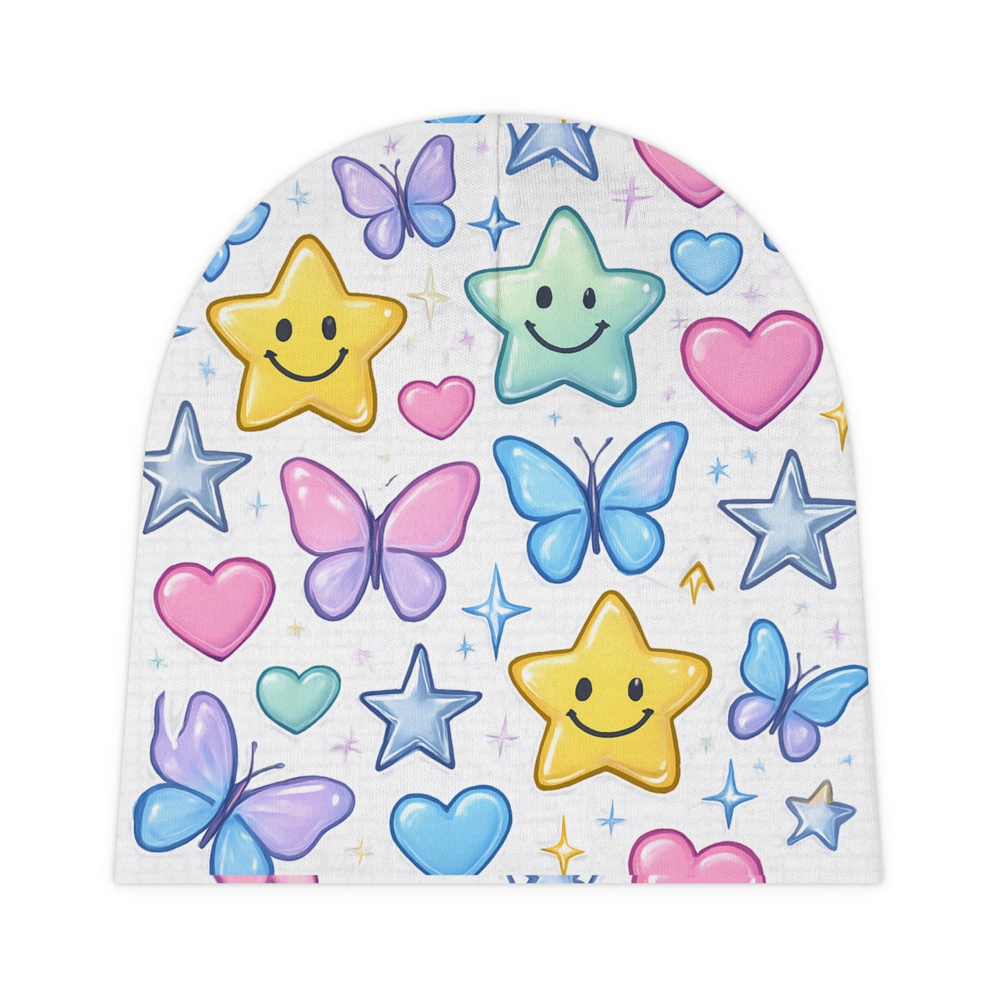 Baby Beanie with Happy Star Face, Heart & Butterfly | Cute Infant Hat | Newborn Hospital Hat | Soft Baby Cap | Baby Shower Gift