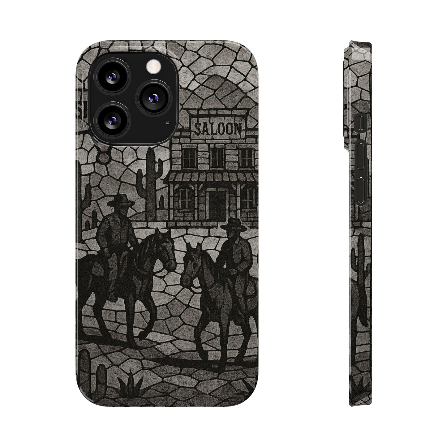 Slim Phone Cases Vintage Wild West Mosaic Art | Black & White Cowboy Scene | Sheriff, Horses & Saloon