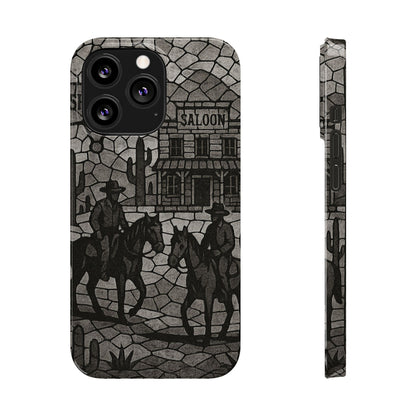 Slim Phone Cases Vintage Wild West Mosaic Art | Black & White Cowboy Scene | Sheriff, Horses & Saloon