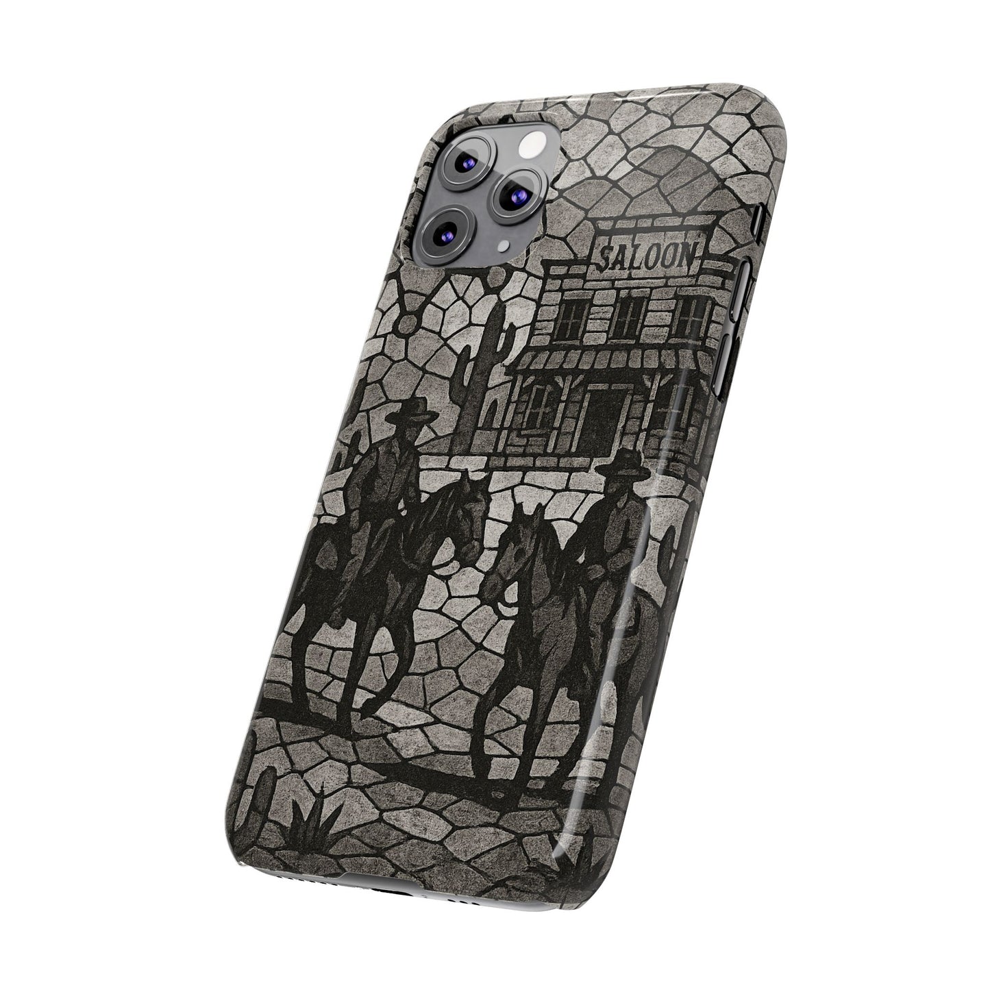 Slim Phone Cases Vintage Wild West Mosaic Art | Black & White Cowboy Scene | Sheriff, Horses & Saloon