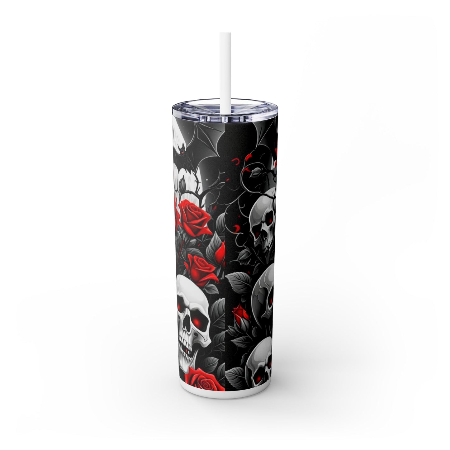 20oz Skinny Tumbler with Straw - Halloween Skulls and Red Roses Design