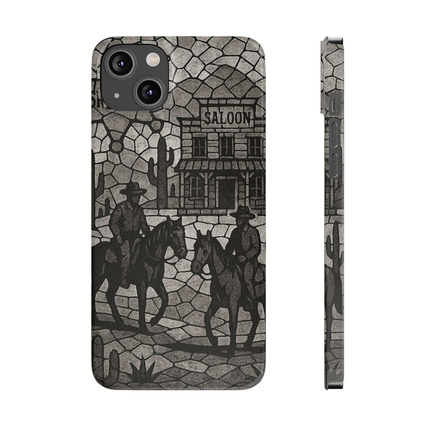 Slim Phone Cases Vintage Wild West Mosaic Art | Black & White Cowboy Scene | Sheriff, Horses & Saloon