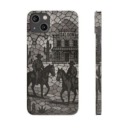 Slim Phone Cases Vintage Wild West Mosaic Art | Black & White Cowboy Scene | Sheriff, Horses & Saloon