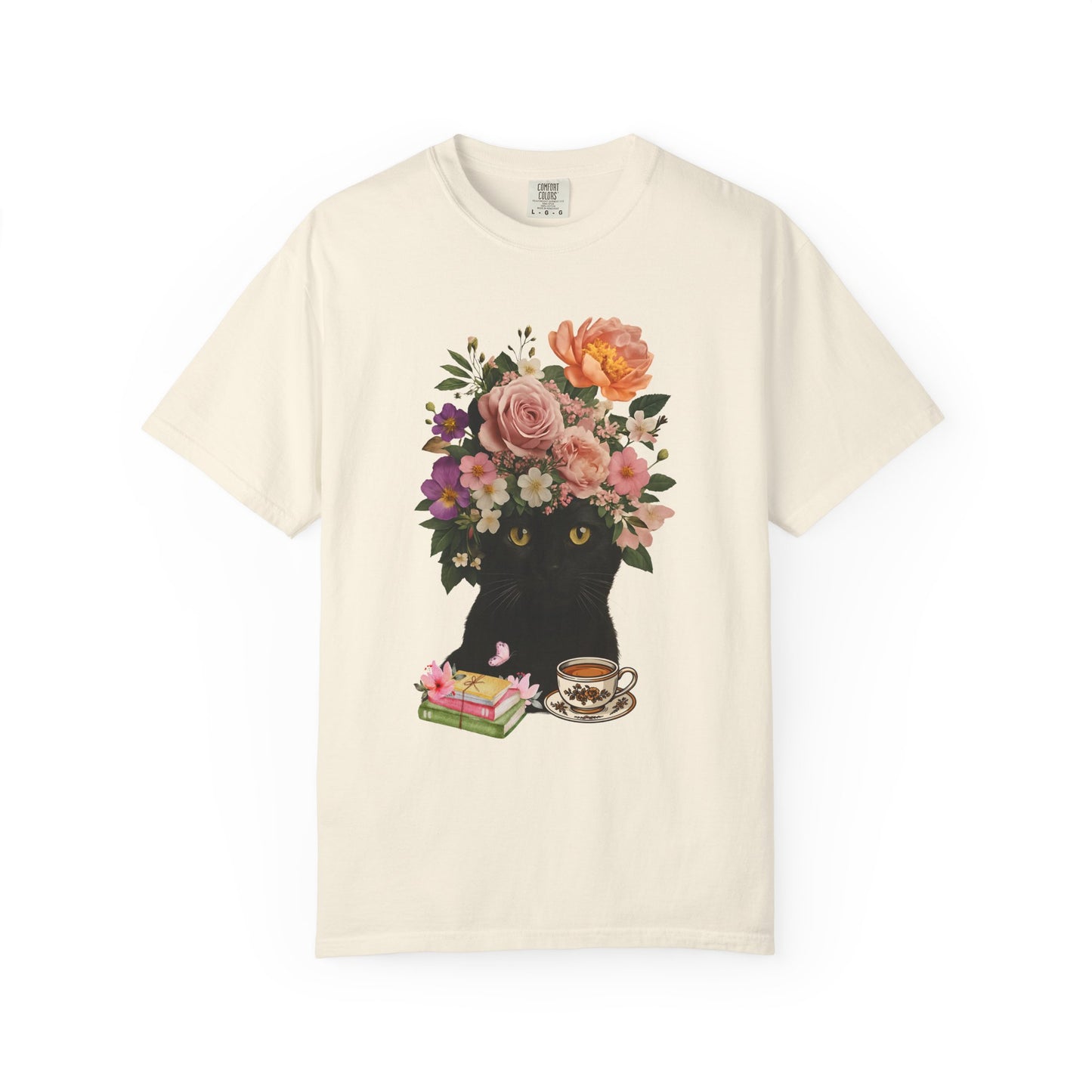 Black Cat Flowers Coffee Books Unisex T-shirt, Graphic Tee, Cat Lover Gift, Bookworm Shirt, Coffee Lovers Top