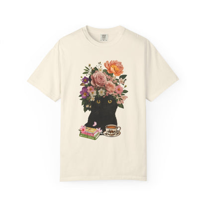 Black Cat Flowers Coffee Books Unisex T-shirt, Graphic Tee, Cat Lover Gift, Bookworm Shirt, Coffee Lovers Top