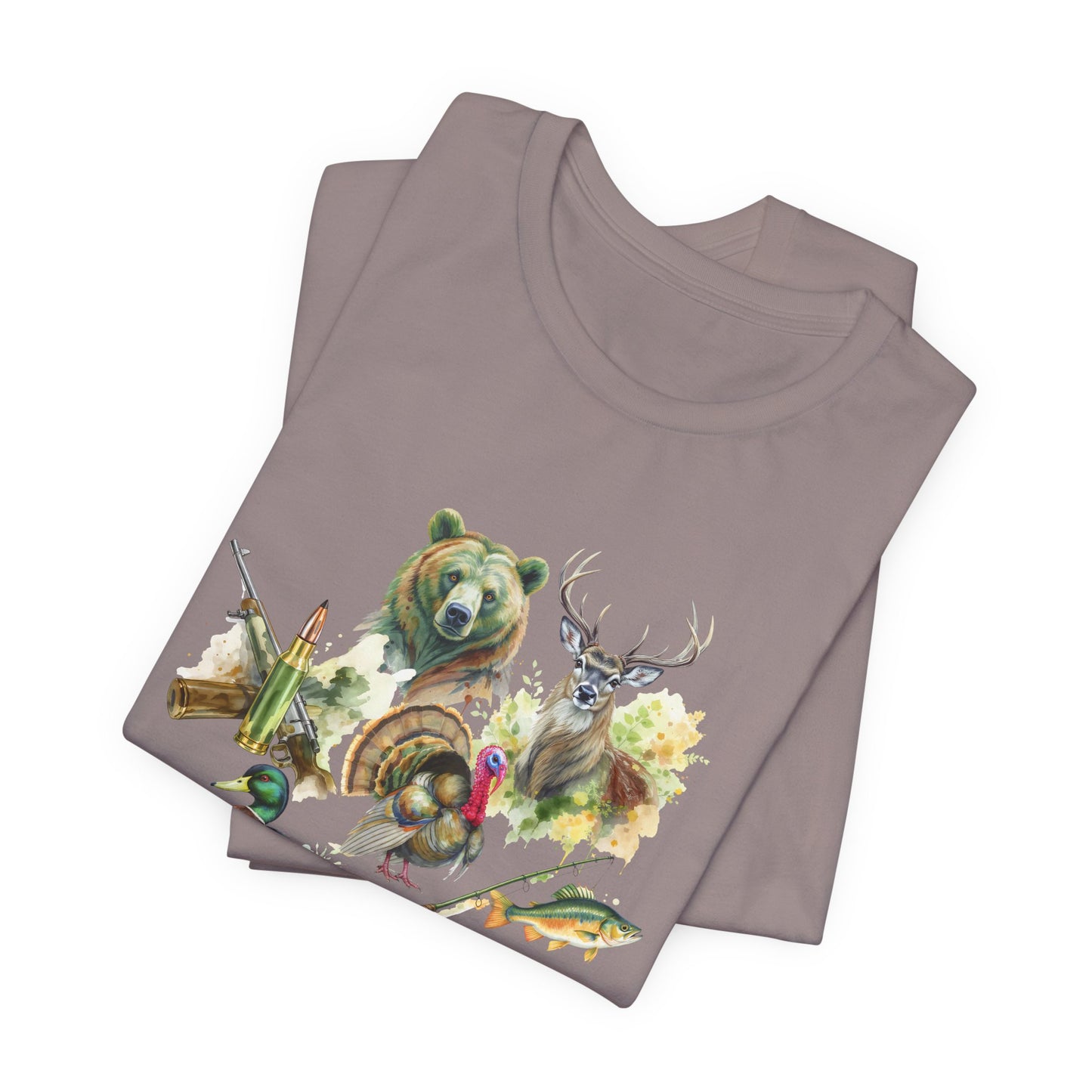 Faith Family Hunt Unisex Tee with Rifle and Bullet Sleeve Print