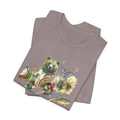 Faith Family Hunt Unisex Tee with Rifle and Bullet Sleeve Print