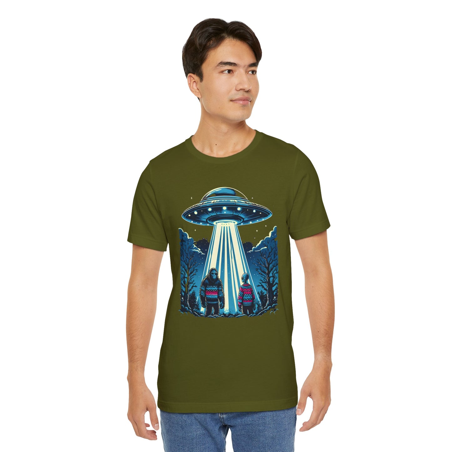 Alien Spaceship and Bigfoot Ugly Christmas Sweater Tee