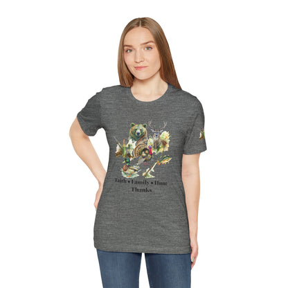 Faith Family Hunt Unisex Tee with Rifle and Bullet Sleeve Print