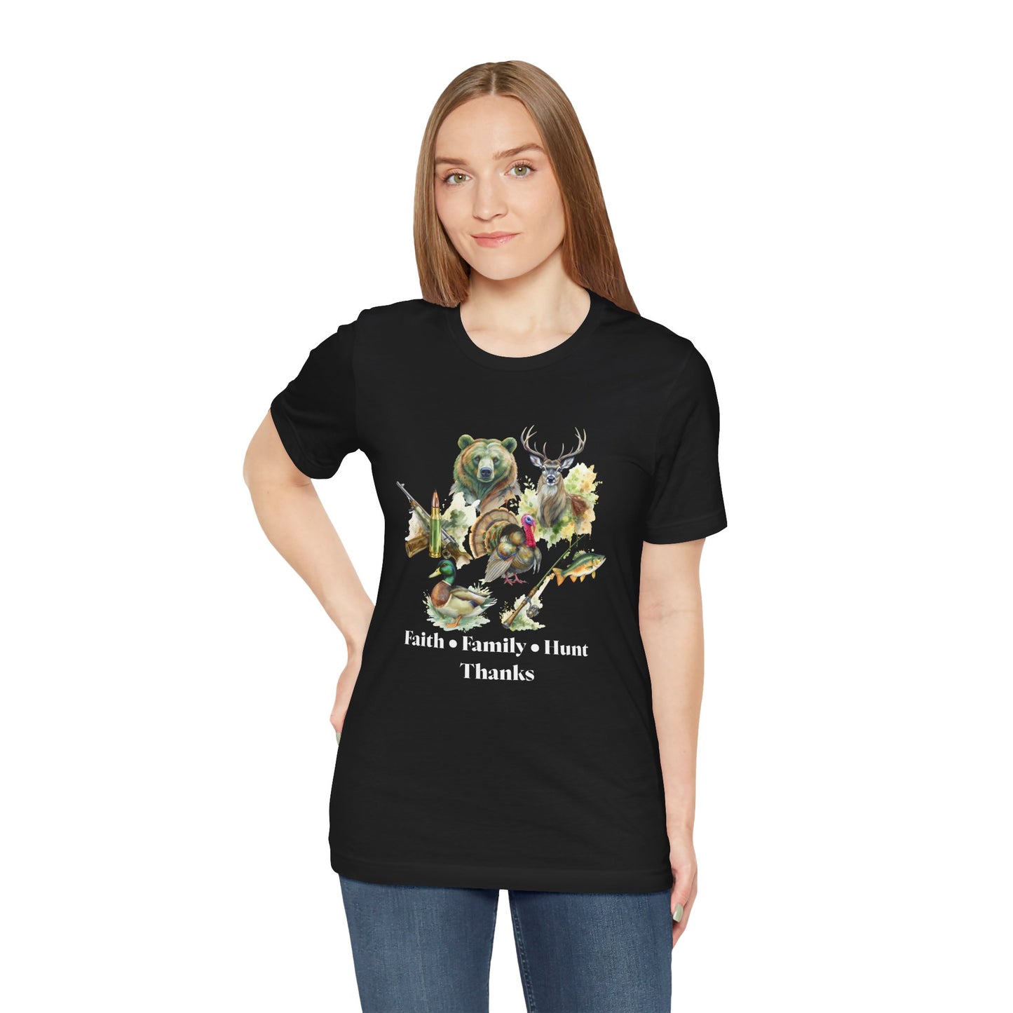 Faith Family Hunt Unisex Tee with Rifle and Bullet Sleeve Print