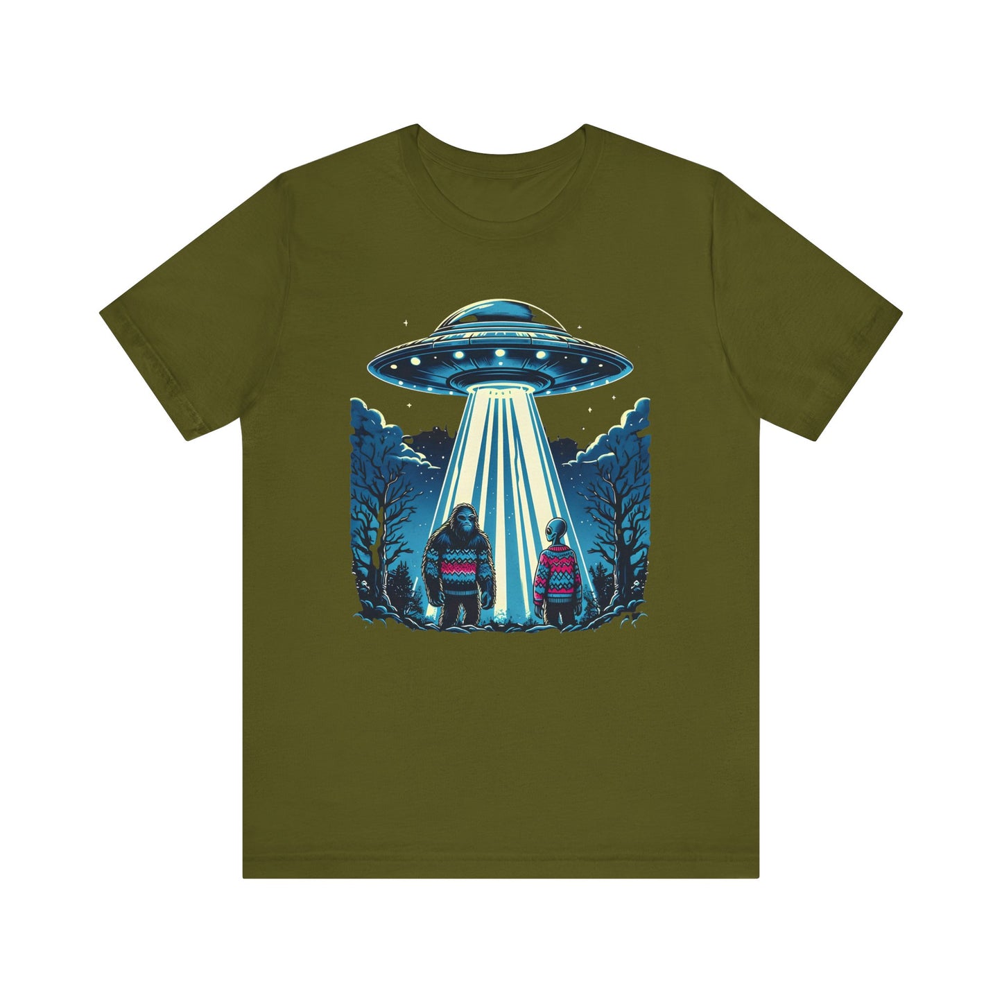 Alien Spaceship and Bigfoot Ugly Christmas Sweater Tee