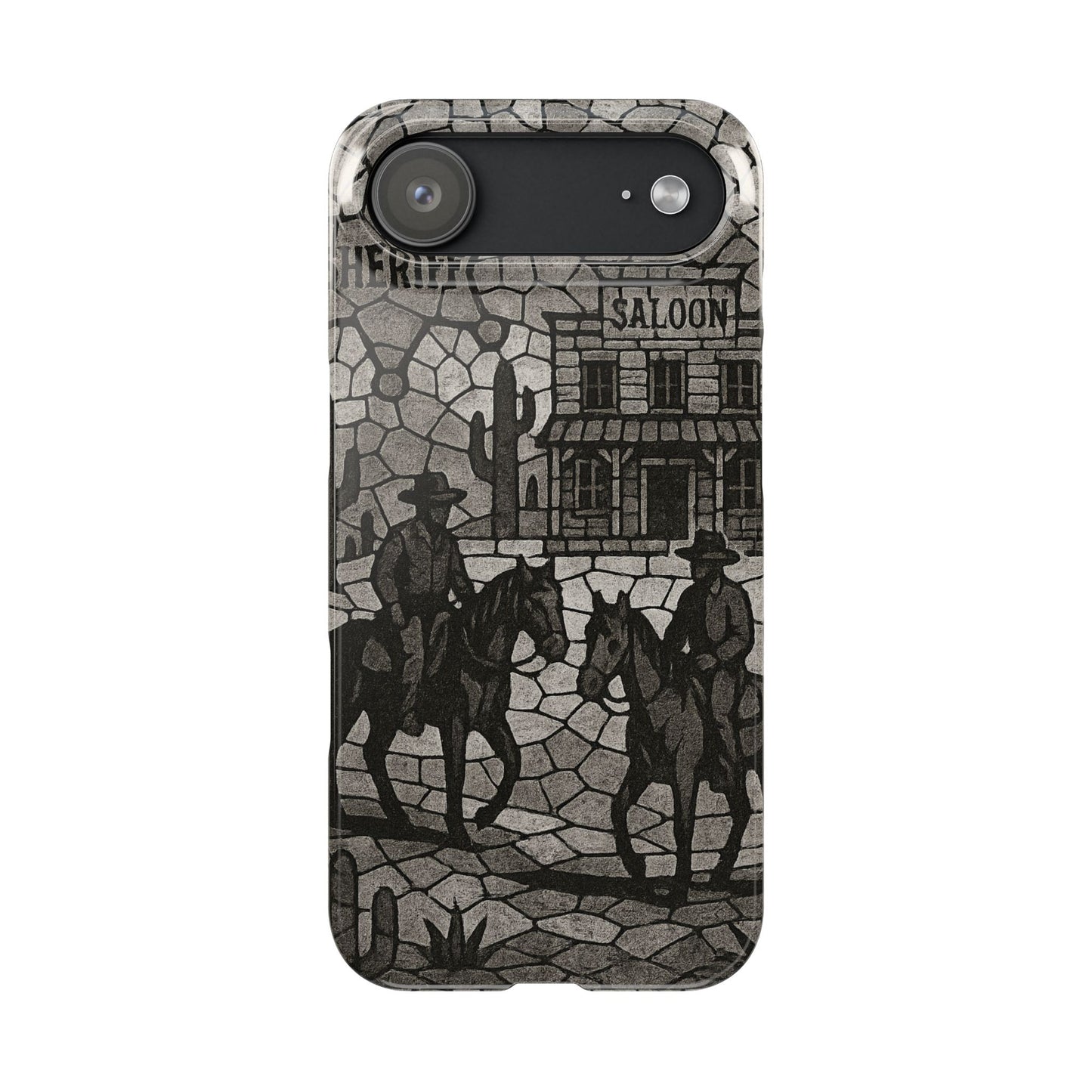 Slim Phone Cases Vintage Wild West Mosaic Art | Black & White Cowboy Scene | Sheriff, Horses & Saloon