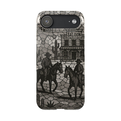Slim Phone Cases Vintage Wild West Mosaic Art | Black & White Cowboy Scene | Sheriff, Horses & Saloon