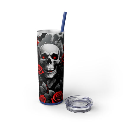 20oz Skinny Tumbler with Straw - Halloween Skulls and Red Roses Design