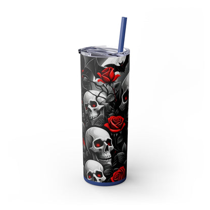 20oz Skinny Tumbler with Straw - Halloween Skulls and Red Roses Design
