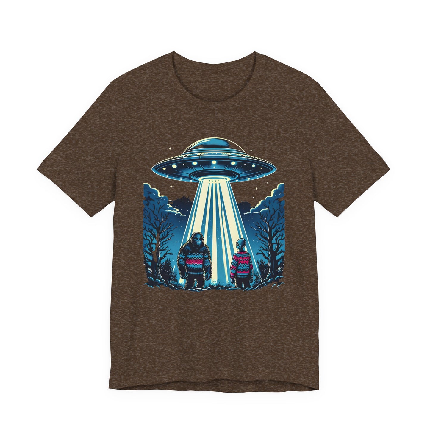 T-Shirt Alien and Bigfoot,  Ugly Christmas Sweater Tee, Funny UFO Holiday Shirt