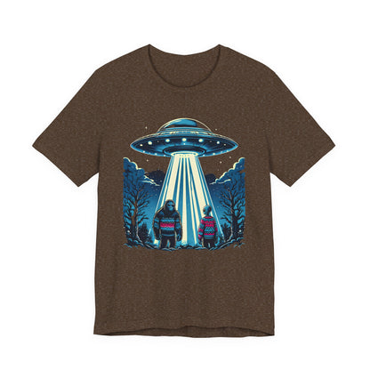T-Shirt Alien and Bigfoot,  Ugly Christmas Sweater Tee, Funny UFO Holiday Shirt