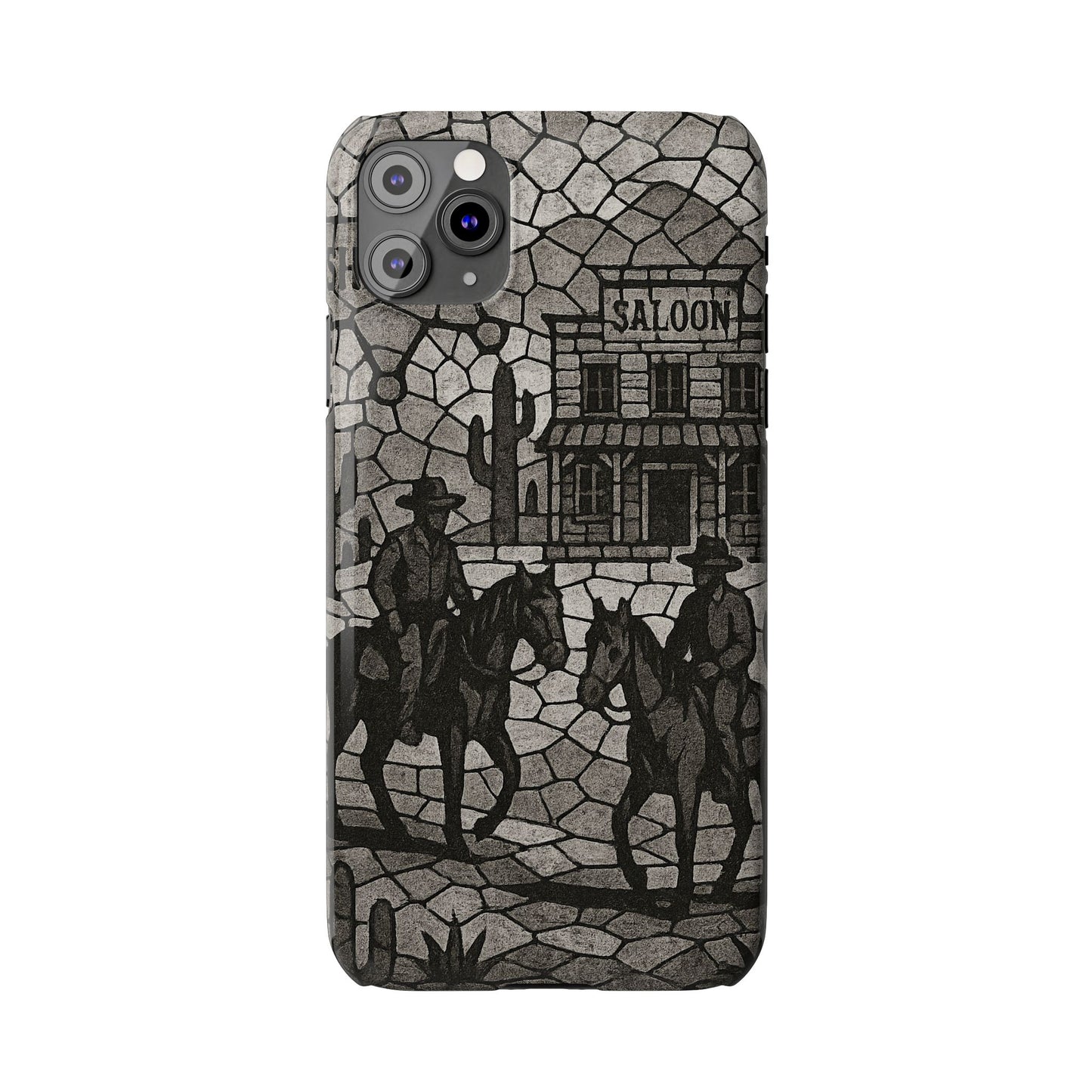 Slim Phone Cases Vintage Wild West Mosaic Art | Black & White Cowboy Scene | Sheriff, Horses & Saloon