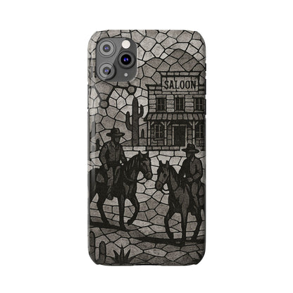 Slim Phone Cases Vintage Wild West Mosaic Art | Black & White Cowboy Scene | Sheriff, Horses & Saloon