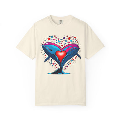 Whale and Heart Unisex Garment-Dyed T-shirt, Ocean Vibes Tee, Sea Lover Shirt, Nautical Graphic Top, Beachwear Apparel, Summer Fashion