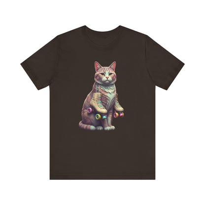 Cat with Roller Unisex Tee, Short Sleeve Shirt, Roller Coaster Cat Graphic Top, Cute Animal T-Shirt, Funny 80s Theme Shirt