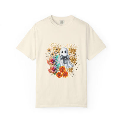 Ghost And Flowers Unisex T-shirt, Halloween Shirt, Floral Graphic Tee, Haunted Theme Apparel, Spooky Clothing