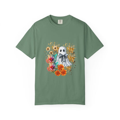 Ghost And Flowers Unisex T-shirt, Halloween Shirt, Floral Graphic Tee, Haunted Theme Apparel, Spooky Clothing