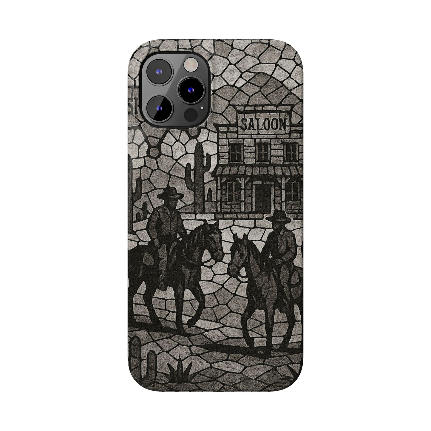 Slim Phone Cases Vintage Wild West Mosaic Art | Black & White Cowboy Scene | Sheriff, Horses & Saloon