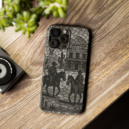 Slim Phone Cases Vintage Wild West Mosaic Art | Black & White Cowboy Scene | Sheriff, Horses & Saloon