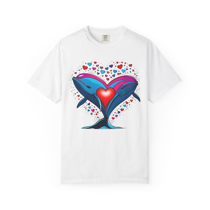 Whale and Heart Unisex Garment-Dyed T-shirt, Ocean Vibes Tee, Sea Lover Shirt, Nautical Graphic Top, Beachwear Apparel, Summer Fashion