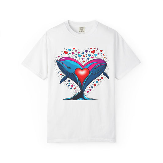 Whale and Heart Unisex Garment-Dyed T-shirt, Ocean Vibes Tee, Sea Lover Shirt, Nautical Graphic Top, Beachwear Apparel, Summer Fashion