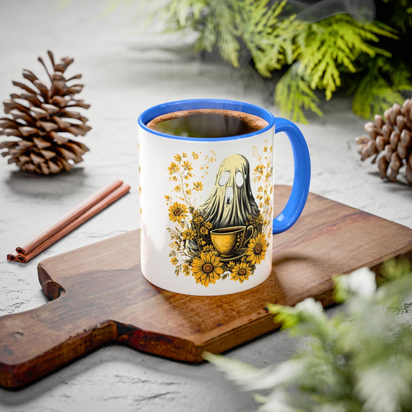 Colorful mug  with Ghost and Sunflowers Design - 11oz and 15oz