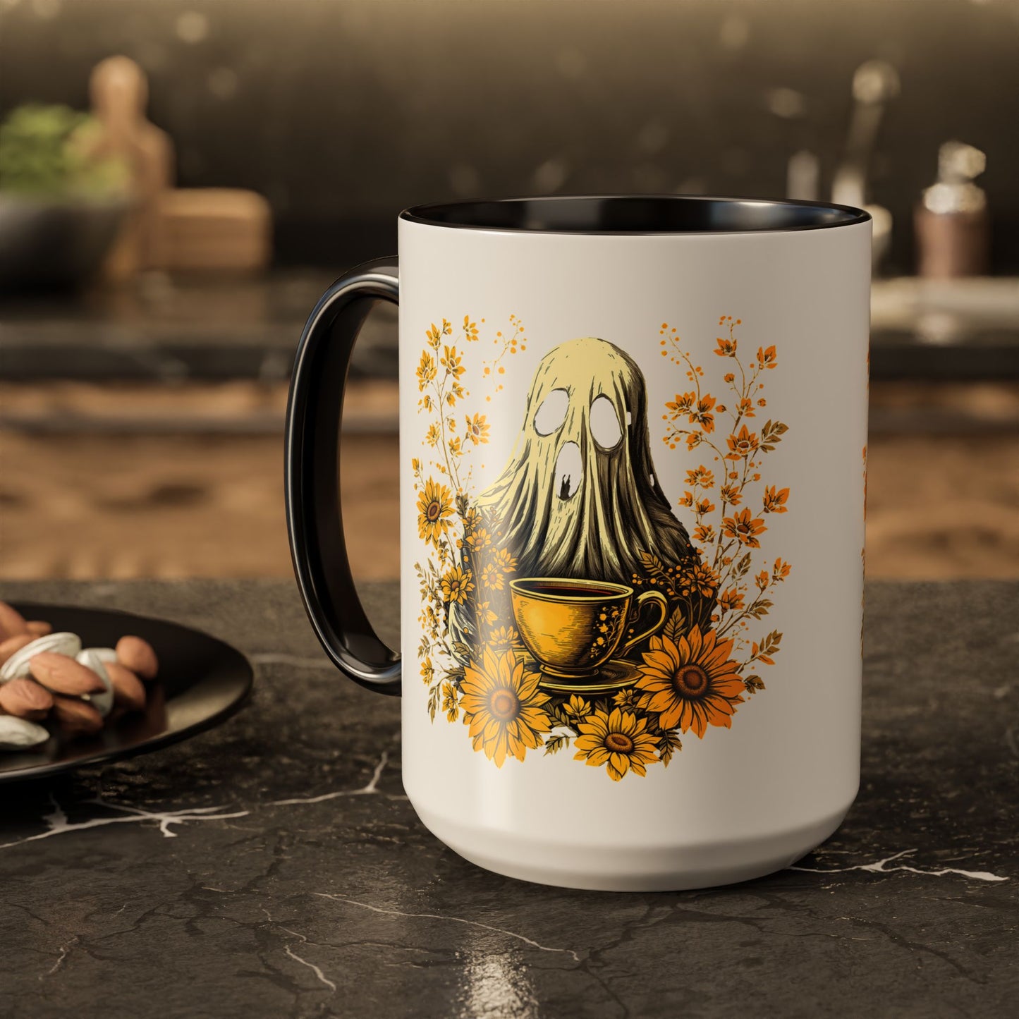 Colorful mug  with Ghost and Sunflowers Design - 11oz and 15oz